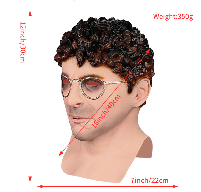 Realistic Man Latex Mask with Glasses Full Head Male Mask with Brown Curly Hair Human Face Disguise Mask for Halloween Cosplay