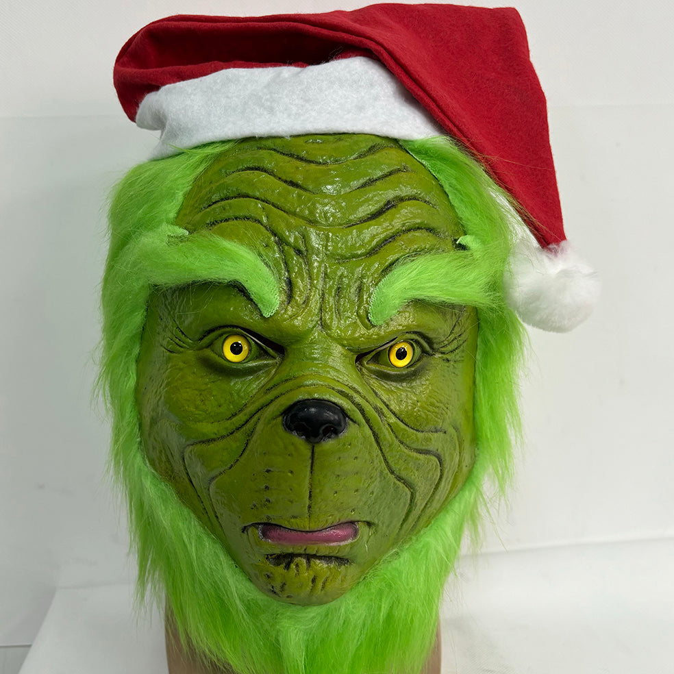 The Grinch X'mas Cosplay Latex Mask with Green Furry Fur for Christmas with hat