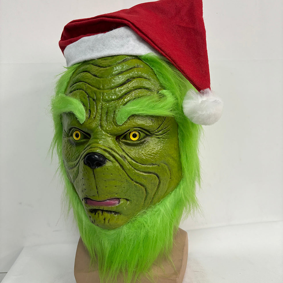 The Grinch X'mas Cosplay Latex Mask with Green Furry Fur for Christmas with hat
