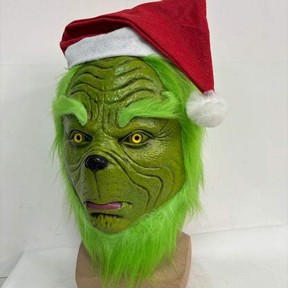 The Grinch X'mas Cosplay Latex Mask with Green Furry Fur for Christmas with hat