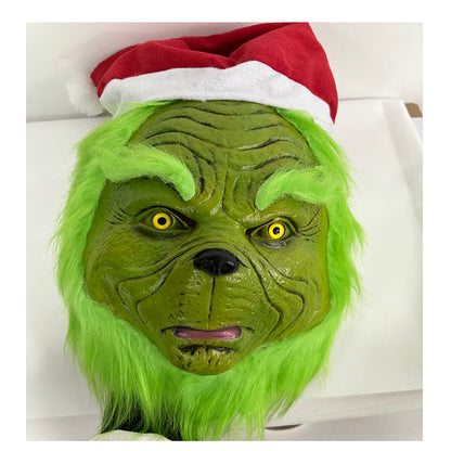 The Grinch X'mas Cosplay Latex Mask with Green Furry Fur for Christmas with hat
