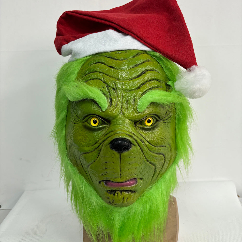 The Grinch X'mas Cosplay Latex Mask with Green Furry Fur for Christmas with hat