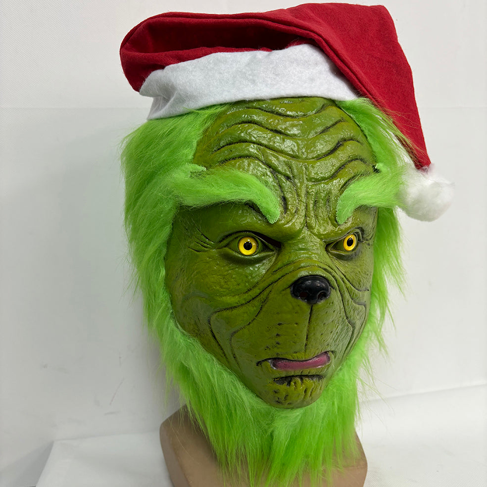 The Grinch X'mas Cosplay Latex Mask with Green Furry Fur for Christmas with hat