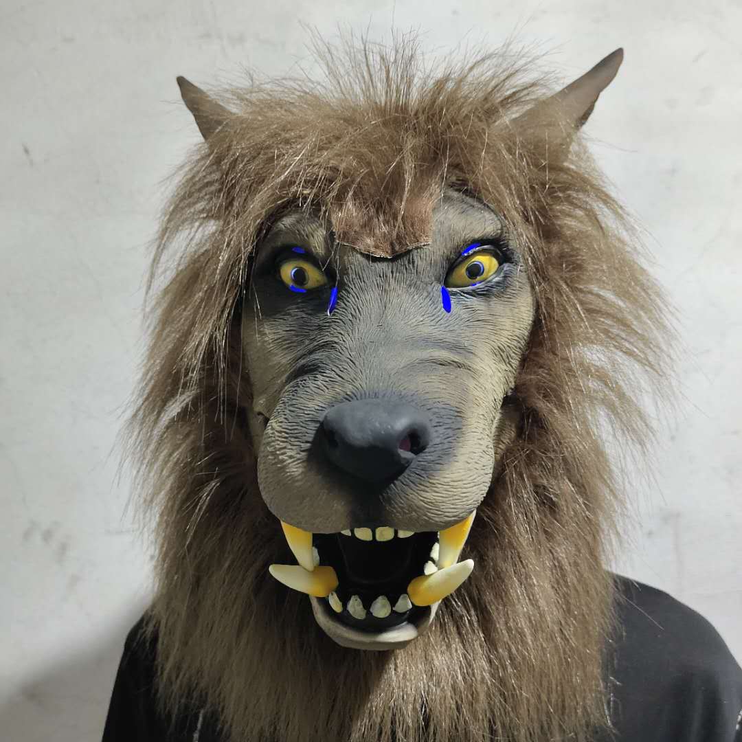 Gruselige Tierwolfkopf-Halloweenmaske aus Latex, Kostüm, volle Kopfbedeckung mit Haaren