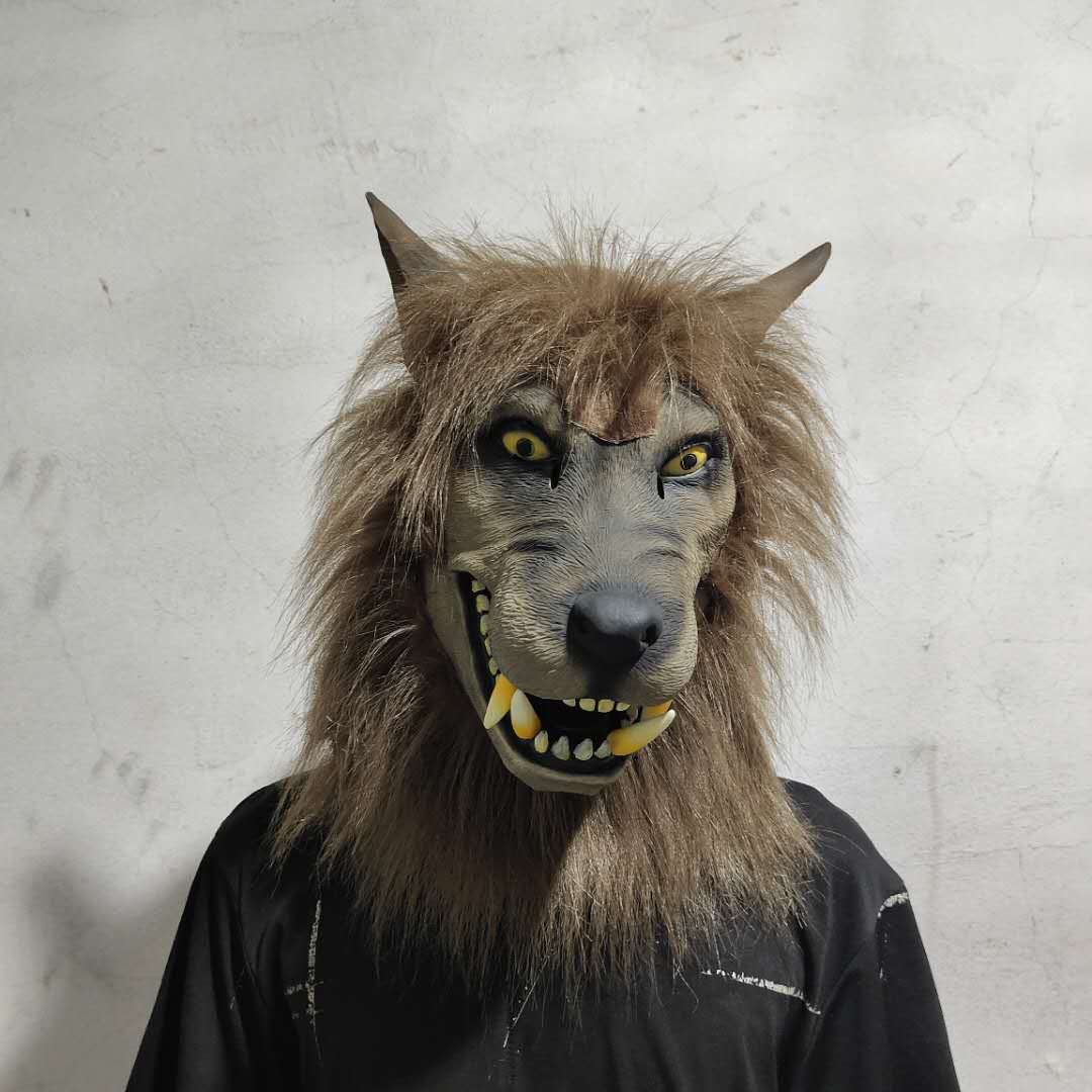 Gruselige Tierwolfkopf-Halloweenmaske aus Latex, Kostüm, volle Kopfbedeckung mit Haaren