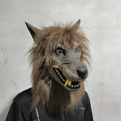 Gruselige Tierwolfkopf-Halloweenmaske aus Latex, Kostüm, volle Kopfbedeckung mit Haaren