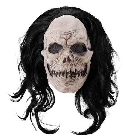 Scary Stitched Skull Mask with Long Black Wig Latex Horror Full Head Mask Halloween Cosplay Prop