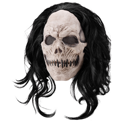 Scary Stitched Skull Mask with Long Black Wig Latex Horror Full Head Mask Halloween Cosplay Prop