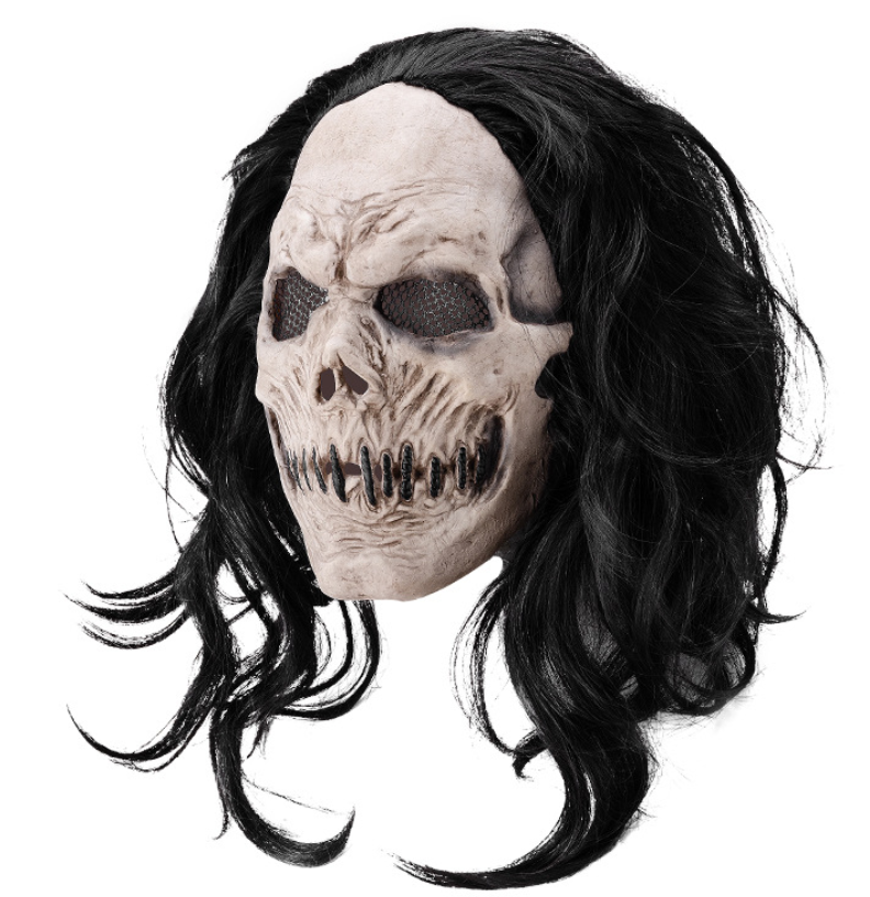 Scary Stitched Skull Mask with Long Black Wig Latex Horror Full Head Mask Halloween Cosplay Prop