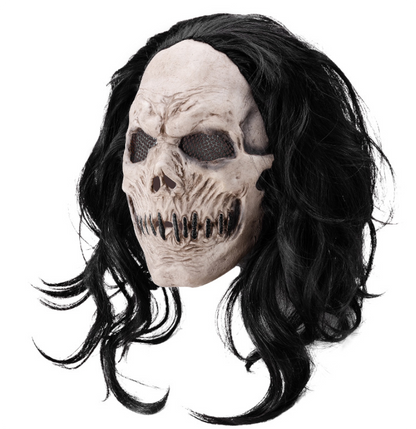 Scary Stitched Skull Mask with Long Black Wig Latex Horror Full Head Mask Halloween Cosplay Prop