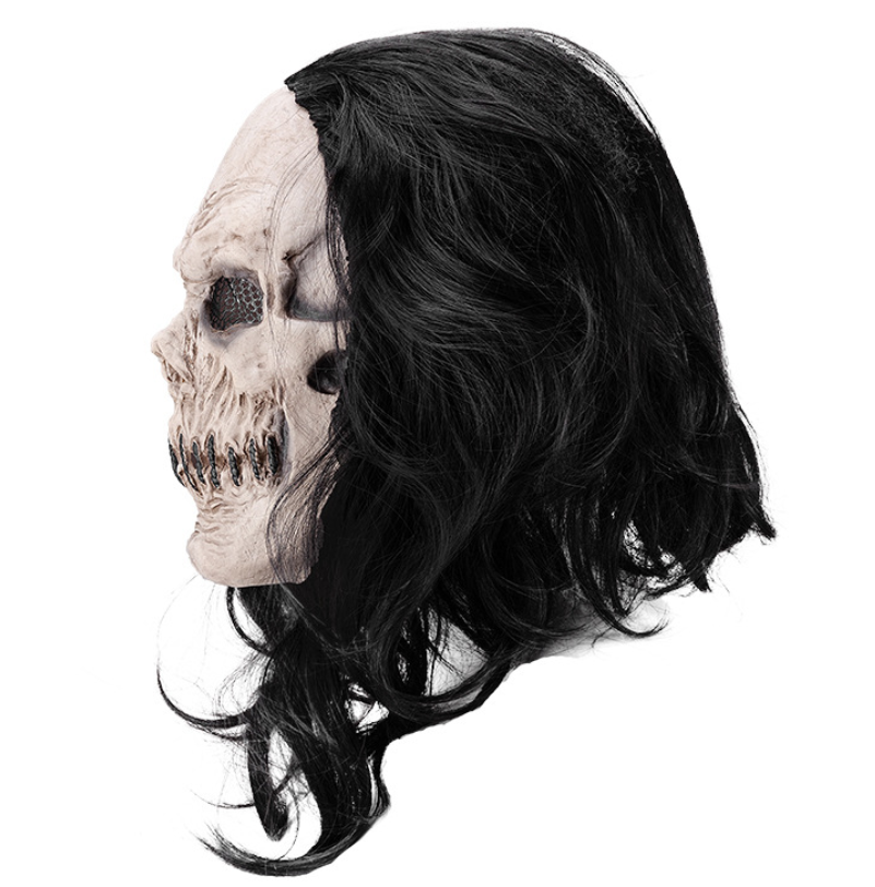 Scary Stitched Skull Mask with Long Black Wig Latex Horror Full Head Mask Halloween Cosplay Prop