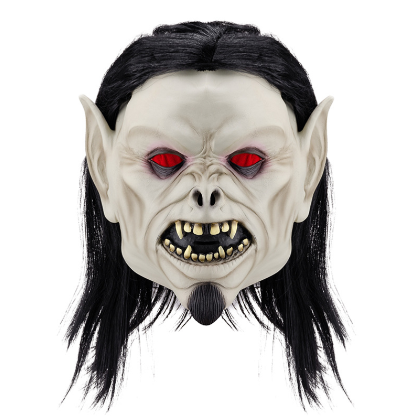 Horror Vampire Demon Mask with Long Black Hair Latex Full Head Halloween Cosplay Mask