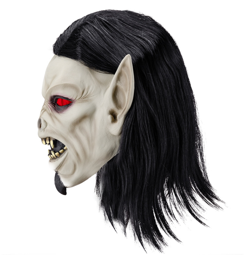 Horror Vampire Demon Mask with Long Black Hair Latex Full Head Halloween Cosplay Mask