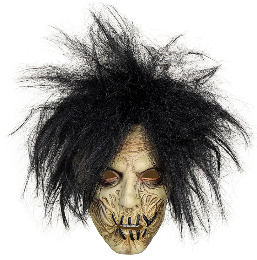 Scary Stitched Mouth Zombie Mask with Messy Black Wild Hair Latex Full Head Halloween Horror Cosplay Mask