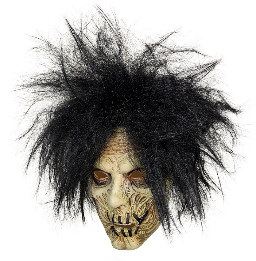 Scary Stitched Mouth Zombie Mask with Messy Black Wild Hair Latex Full Head Halloween Horror Cosplay Mask