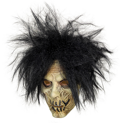 Scary Stitched Mouth Zombie Mask with Messy Black Wild Hair Latex Full Head Halloween Horror Cosplay Mask