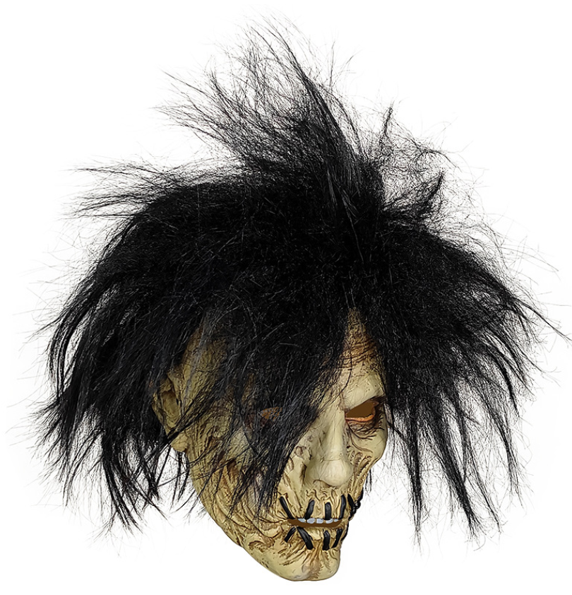 Scary Stitched Mouth Zombie Mask with Messy Black Wild Hair Latex Full Head Halloween Horror Cosplay Mask