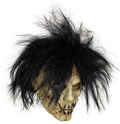 Scary Stitched Mouth Zombie Mask with Messy Black Wild Hair Latex Full Head Halloween Horror Cosplay Mask
