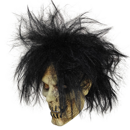 Scary Stitched Mouth Zombie Mask with Messy Black Wild Hair Latex Full Head Halloween Horror Cosplay Mask