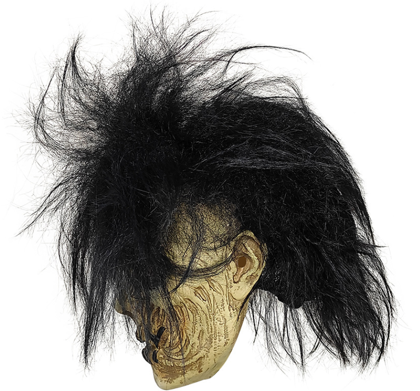 Scary Stitched Mouth Zombie Mask with Messy Black Wild Hair Latex Full Head Halloween Horror Cosplay Mask