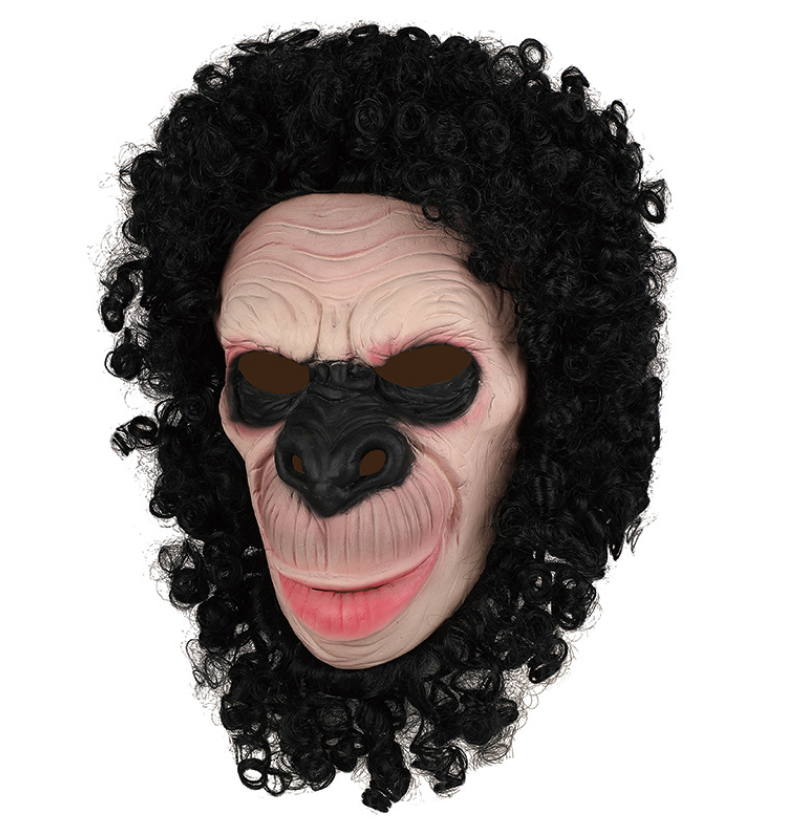 Realistic Chimpanzee Latex Mask Curly Black Hair Monkey Full Head Mask for Halloween Cosplay