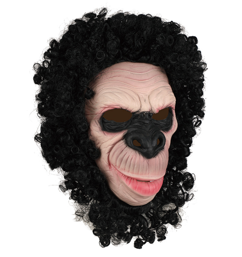 Realistic Chimpanzee Latex Mask Curly Black Hair Monkey Full Head Mask for Halloween Cosplay