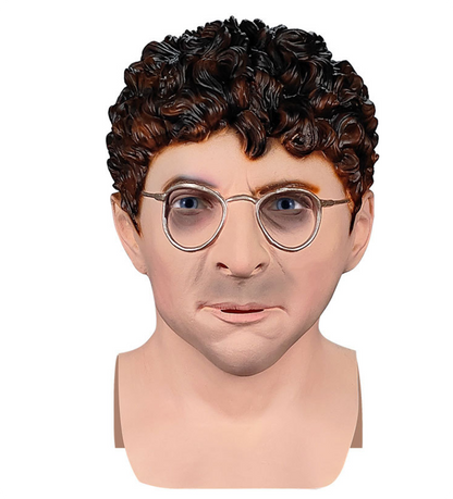 Realistic Man Latex Mask with Glasses Full Head Male Mask with Brown Curly Hair Human Face Disguise Mask for Halloween Cosplay
