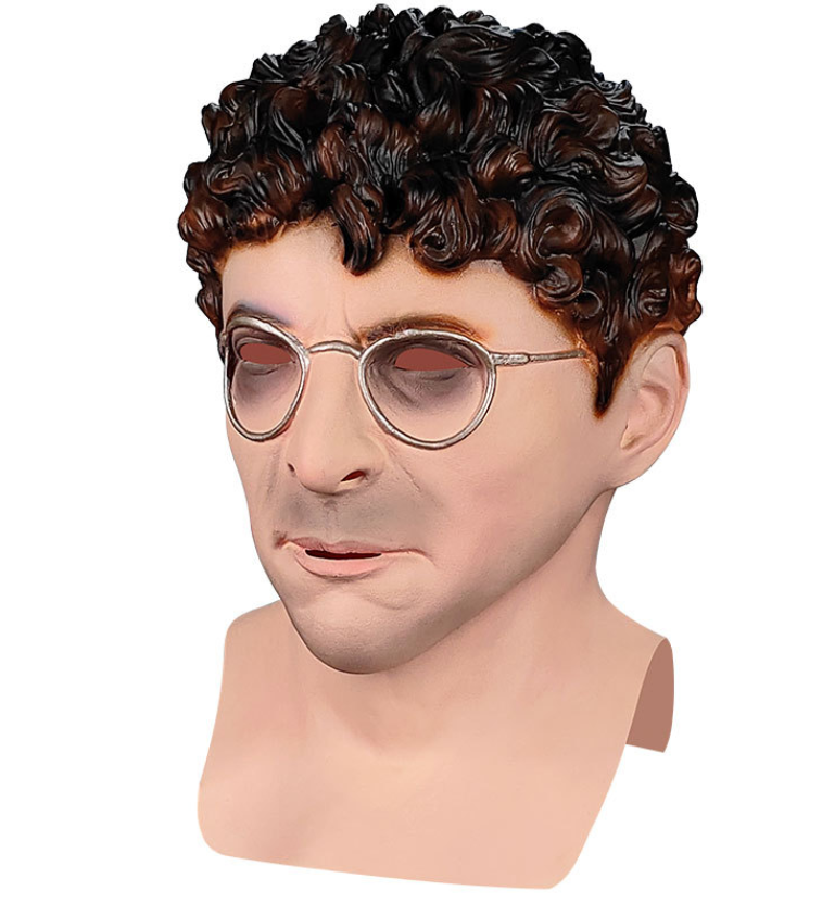 Realistic Man Latex Mask with Glasses Full Head Male Mask with Brown Curly Hair Human Face Disguise Mask for Halloween Cosplay