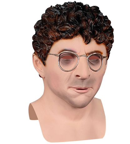 Realistic Man Latex Mask with Glasses Full Head Male Mask with Brown Curly Hair Human Face Disguise Mask for Halloween Cosplay