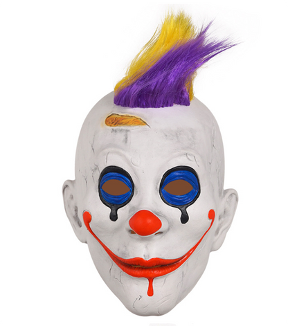 Scary Clown Latex Full Head Mask with Yellow Purple Mohawk Hair Horror Halloween Cosplay Costume