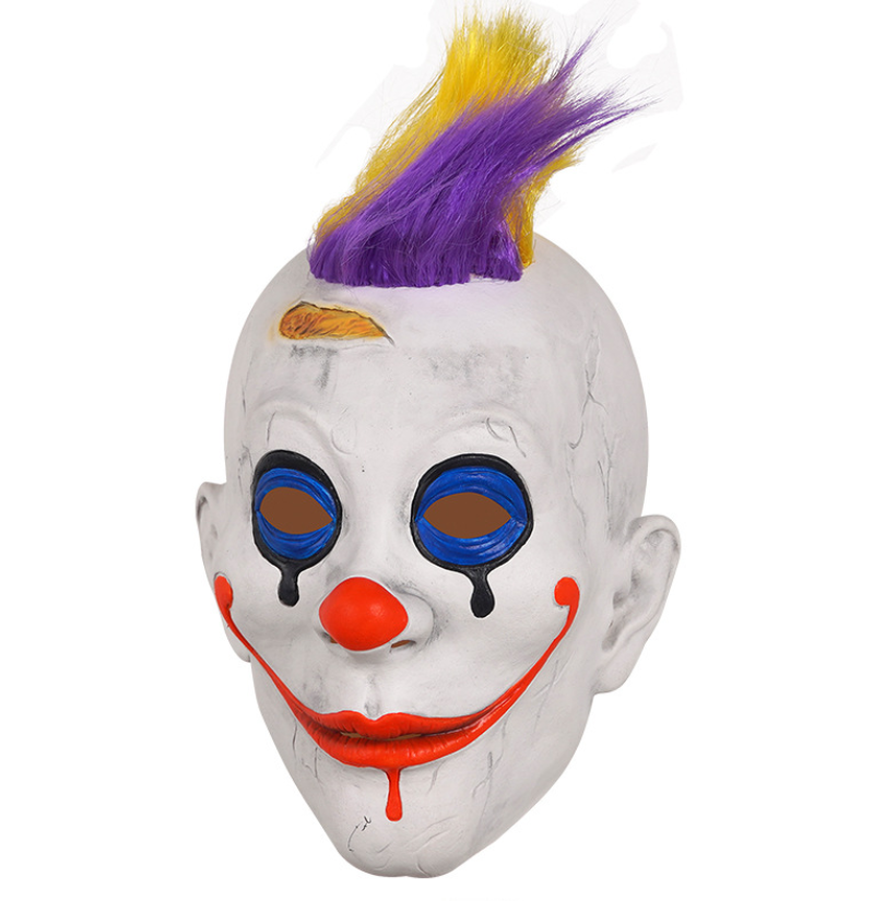 Scary Clown Latex Full Head Mask with Yellow Purple Mohawk Hair Horror Halloween Cosplay Costume
