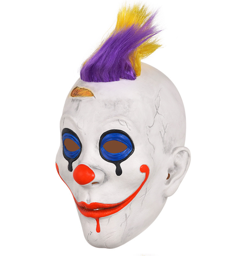 Scary Clown Latex Full Head Mask with Yellow Purple Mohawk Hair Horror Halloween Cosplay Costume