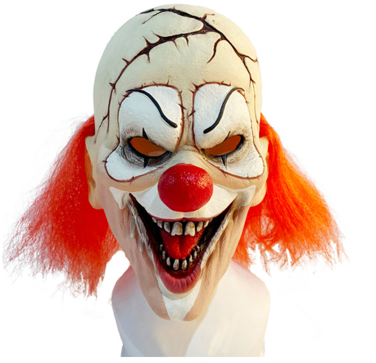 Scary Cracked Clown Mask with Orange Hair Latex Full Head Horror Mask for Halloween Cosplay