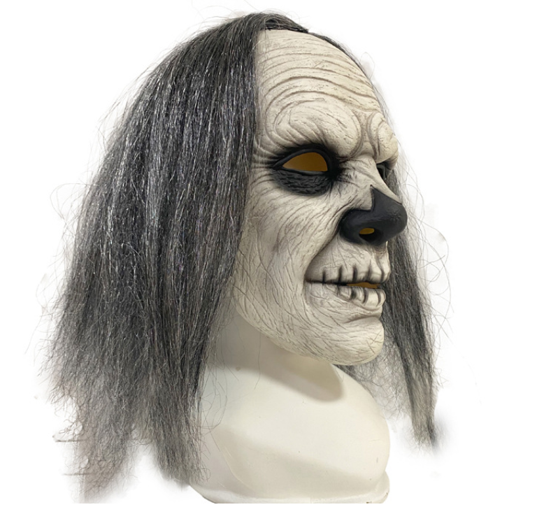 Scary Old Witch Ghost Latex Mask, Grey Hair Horror Full Head Mask for Halloween Cosplay