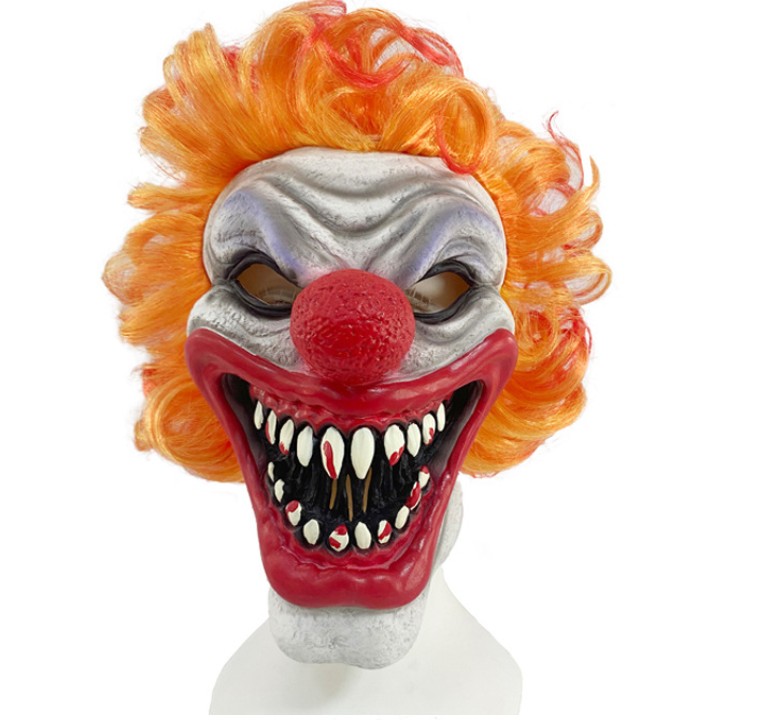 Scary Blood Tooth Clown Latex Mask Orange Curly Hair Horror Full Head Mask for Halloween Cosplay