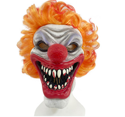 Scary Blood Tooth Clown Latex Mask Orange Curly Hair Horror Full Head Mask for Halloween Cosplay