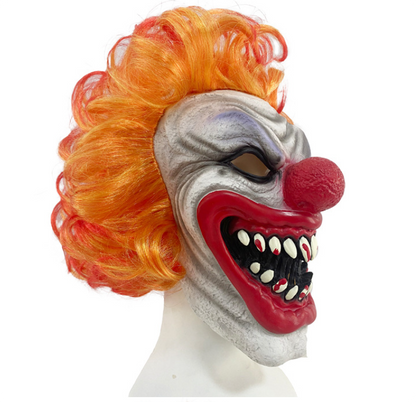 Scary Blood Tooth Clown Latex Mask Orange Curly Hair Horror Full Head Mask for Halloween Cosplay