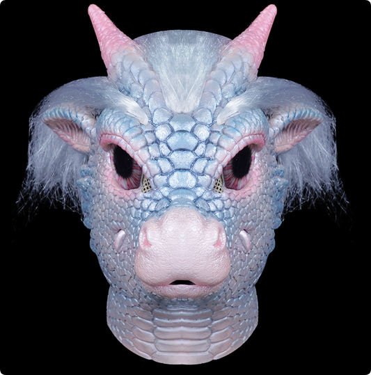 Cute Ice Dragon Latex Full Head Mask Fantasy Dragon with Hair Horns Halloween Cosplay Mask