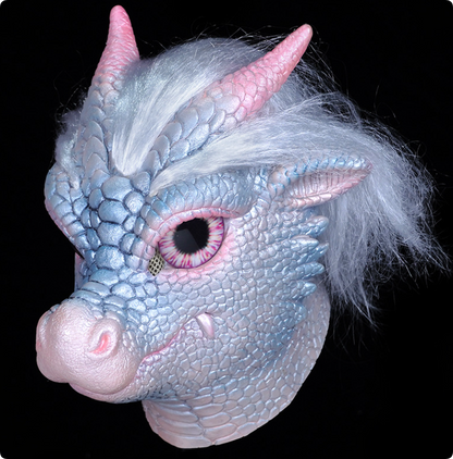 Cute Ice Dragon Latex Full Head Mask Fantasy Dragon with Hair Horns Halloween Cosplay Mask