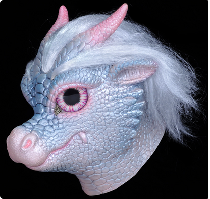 Cute Ice Dragon Latex Full Head Mask Fantasy Dragon with Hair Horns Halloween Cosplay Mask