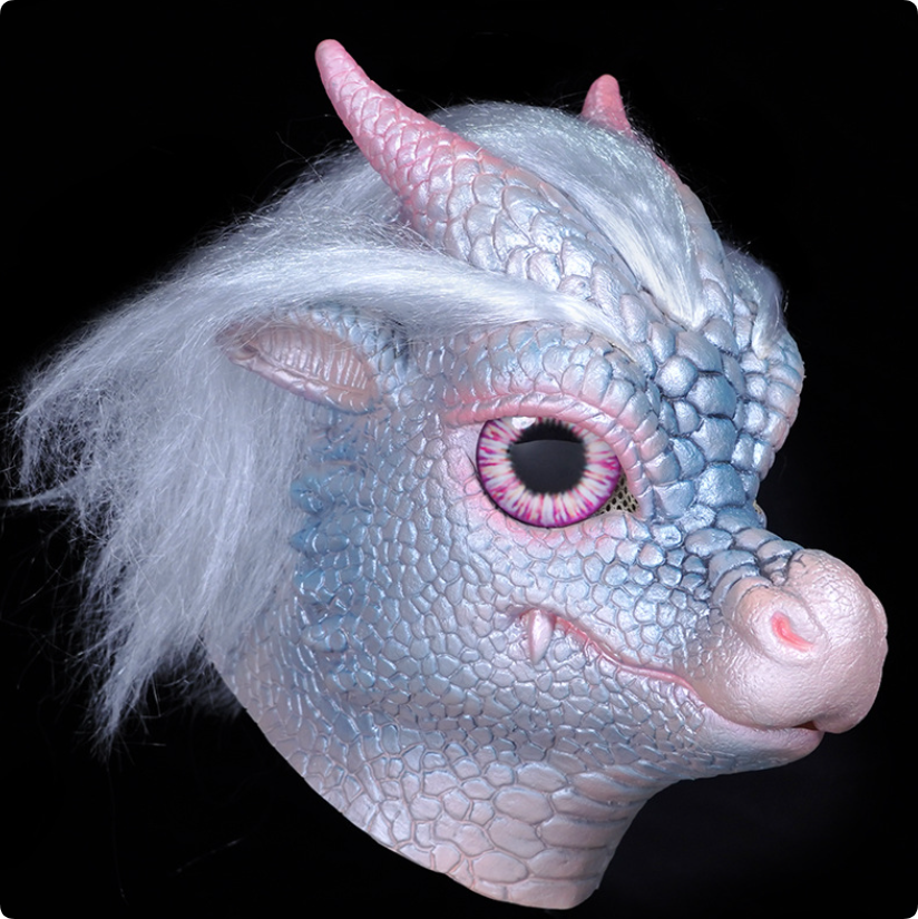 Cute Ice Dragon Latex Full Head Mask Fantasy Dragon with Hair Horns Halloween Cosplay Mask