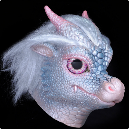 Cute Ice Dragon Latex Full Head Mask Fantasy Dragon with Hair Horns Halloween Cosplay Mask