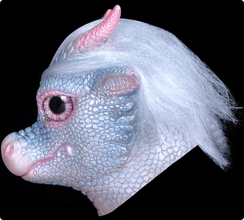 Cute Ice Dragon Latex Full Head Mask Fantasy Dragon with Hair Horns Halloween Cosplay Mask