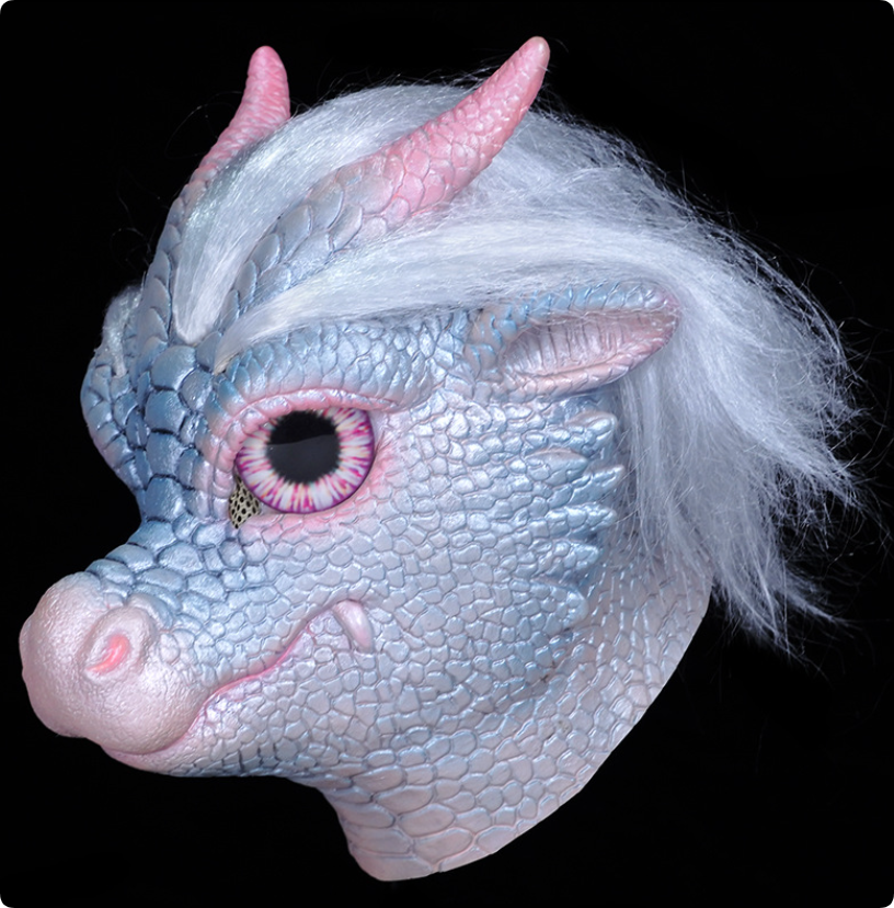 Cute Ice Dragon Latex Full Head Mask Fantasy Dragon with Hair Horns Halloween Cosplay Mask