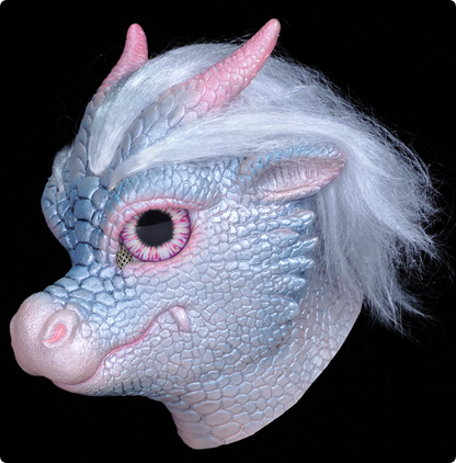 Cute Ice Dragon Latex Full Head Mask Fantasy Dragon with Hair Horns Halloween Cosplay Mask