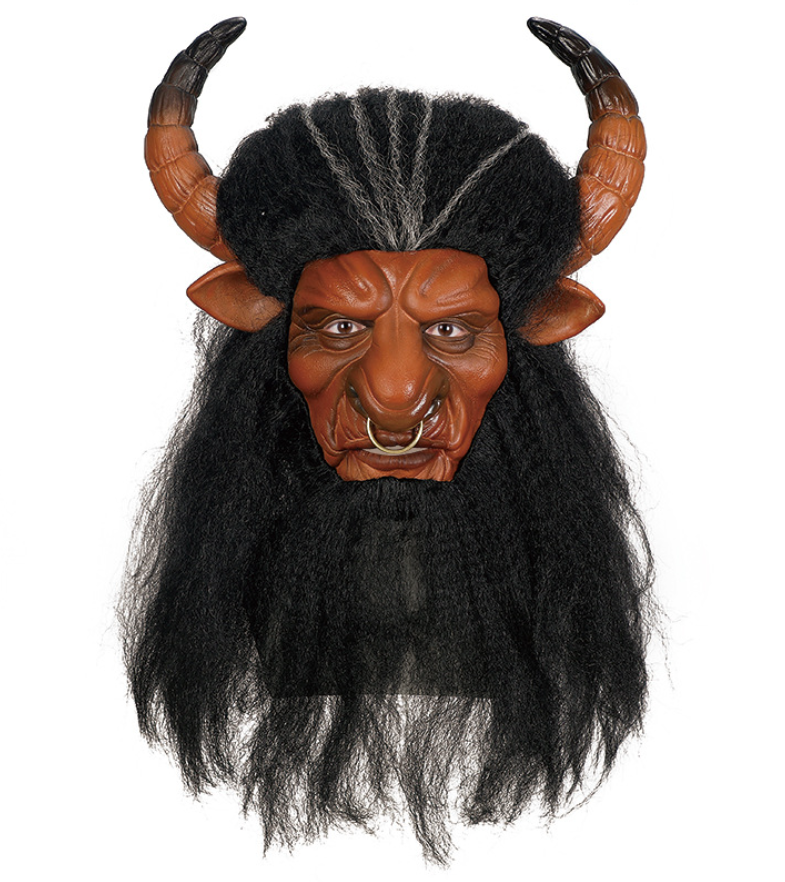 Minotaur Latex Mask with Horns & Long Black Hair Halloween Mythical Bull Demon Cosplay Mask