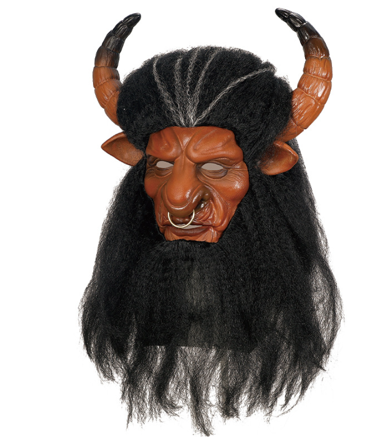 Minotaur Latex Mask with Horns & Long Black Hair Halloween Mythical Bull Demon Cosplay Mask