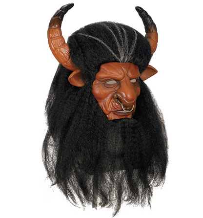 Minotaur Latex Mask with Horns & Long Black Hair Halloween Mythical Bull Demon Cosplay Mask