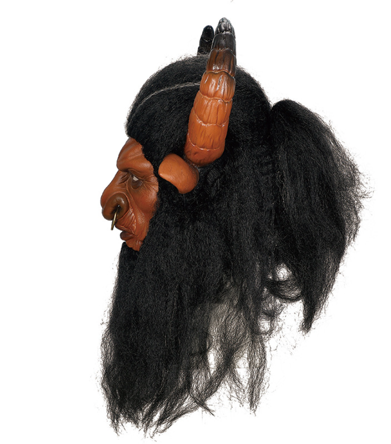 Minotaur Latex Mask with Horns & Long Black Hair Halloween Mythical Bull Demon Cosplay Mask