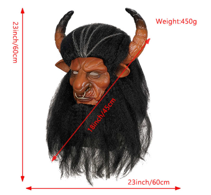 Minotaur Latex Mask with Horns & Long Black Hair Halloween Mythical Bull Demon Cosplay Mask
